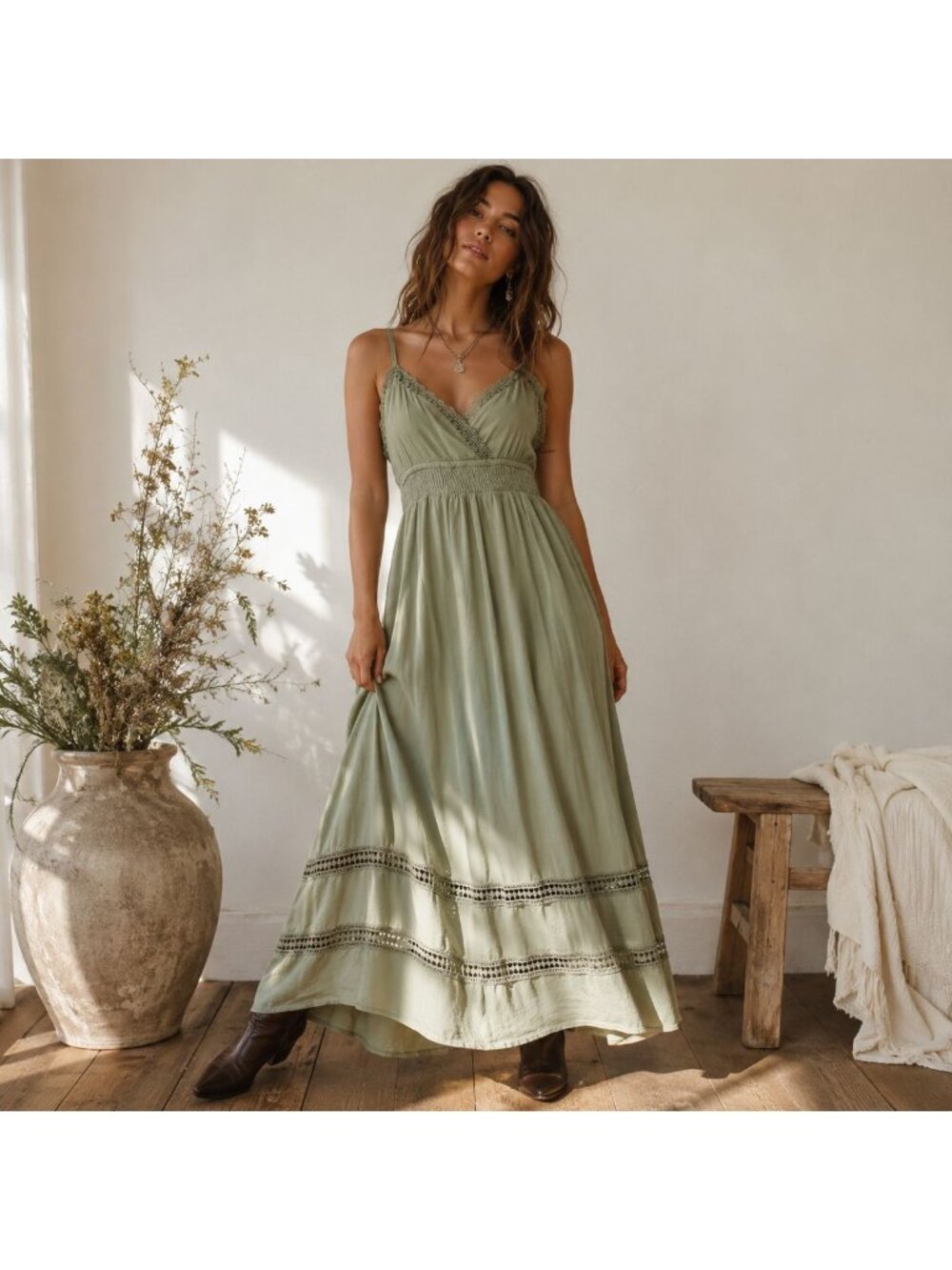 Y2K Sage Green Lace Maxi Dress Sz M Boho Fairy Grunge Romantic Vintage